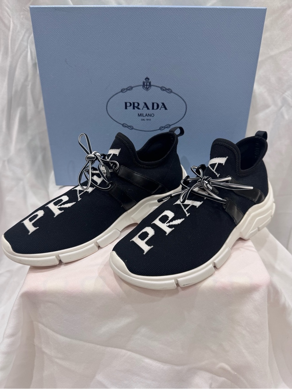 Prada XY Knit Sneakers Black White Logo EU 38
